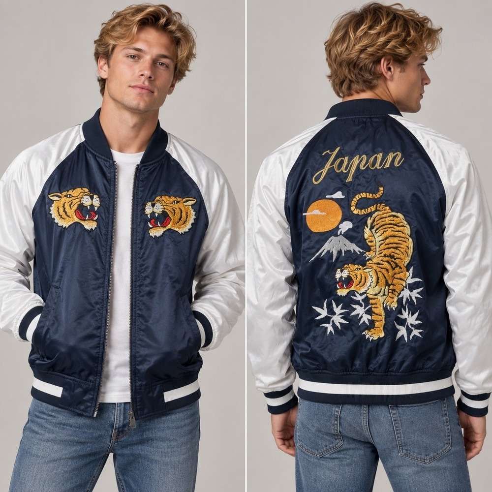 H&M Divided Japan Tiger Souvenir Bomber Jacket Mens Medium Navy White